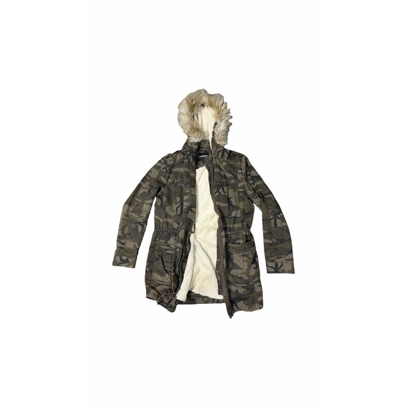 Express Women’s Sz M Camo Hooded Coat Jacket Soft Faux Fur Lined Removable Vest - Picture 3 of 16